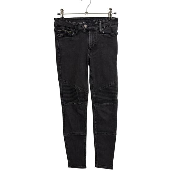 All Saints Denim - ALLSAINTS Jeans Womens 24 Black Biker Skinny Ribbed Knee Zip Pockets Moto